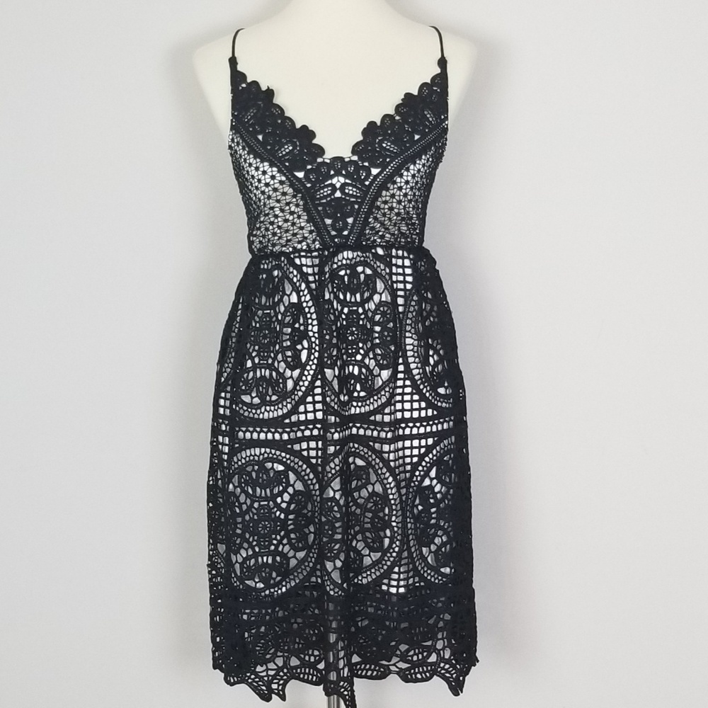 Black Halter V-Neck Crochet Low Cross Back Dress